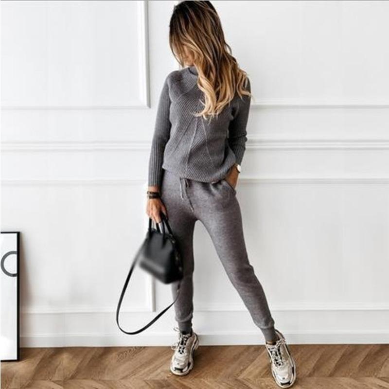 Women's Solid Color Sweater Set Fashion Casual Thread Turtleneck Pullovers Elastic Trousers Knitted Two Piece Sets Autumn Winter