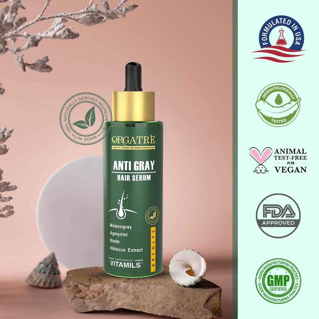 Сыворотка для волос nti-Gray с Arcolys, Melanogray, маслом черного тмина и экстрактом гибискуса | Легкая, нелипкая формула, без парабенов и без жестокого обращения с животными, 50 мл