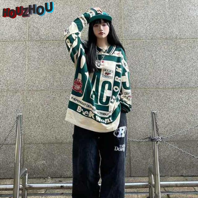 Женская винтажная свободная рубашка-поло свободного размера в стиле хип-хоп с лацканами в стиле Харадзюку для девочек