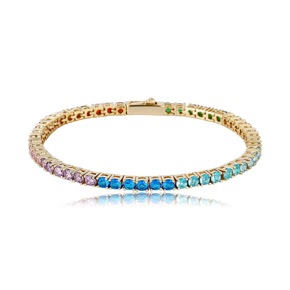Rainbow Gradient Tennis Chain Brass Prong Setting Multi Color Cubic Zircon Hip Hop Unisex 3mm&6mm Stackable Bracelet