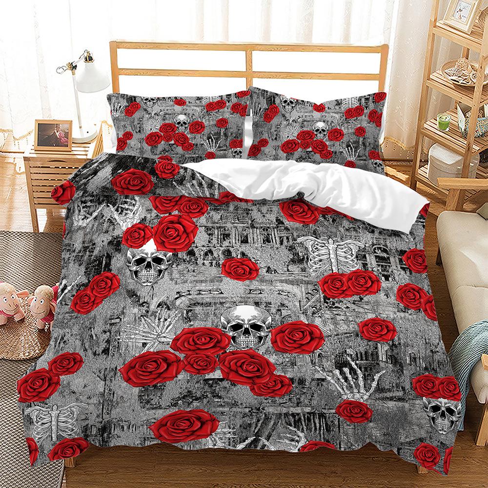 3D Skull Head Pattern Fashion Home Bedding Single Double Bed Full Size Pillowcase and Quilt Cover 2/3 Pieces of Microfiber Home Decoration