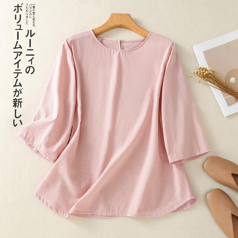 1116 pullover loose round neck versatile solid color top temperament casual linen shirt