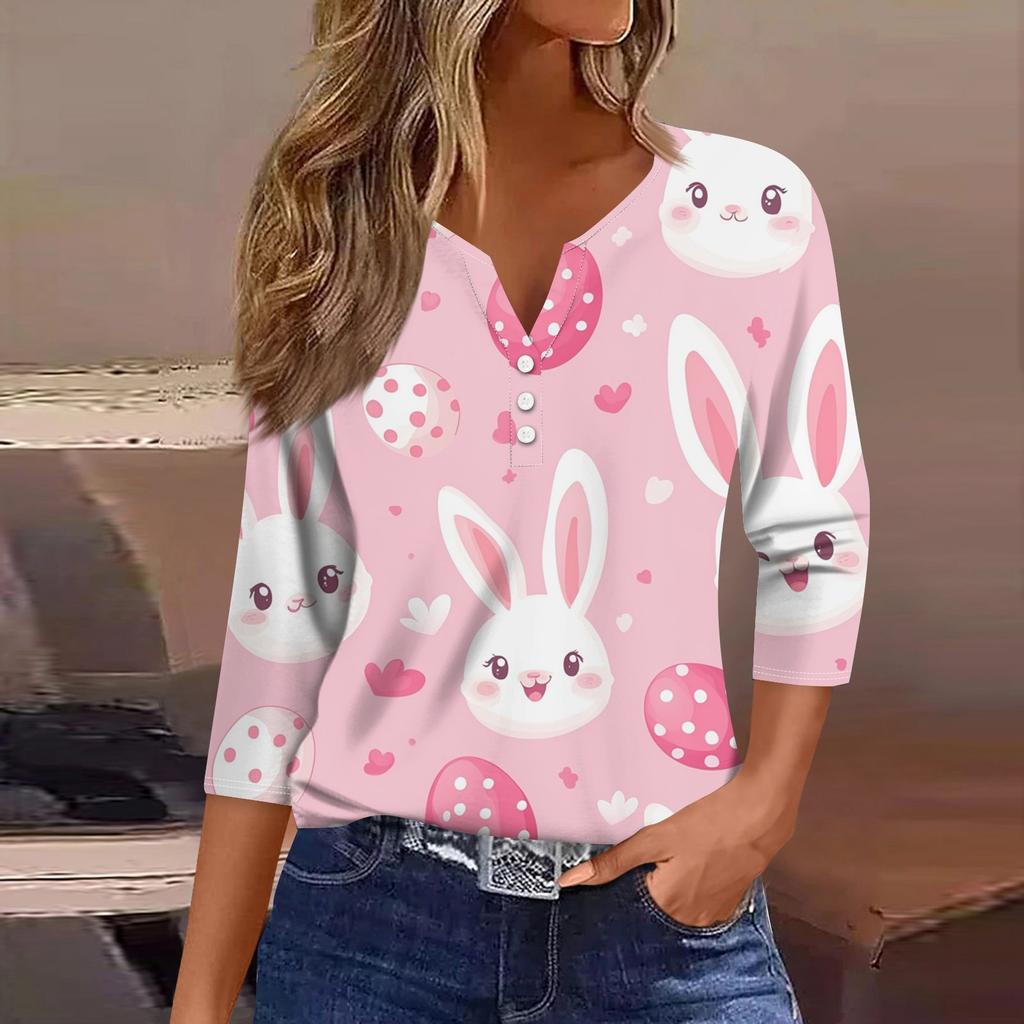 Жен. Футболка Футболка С принтом Пуговицы Рукав 3/4 Повседневные Выходные Мода Классический V-образный вырез Обычный Топ