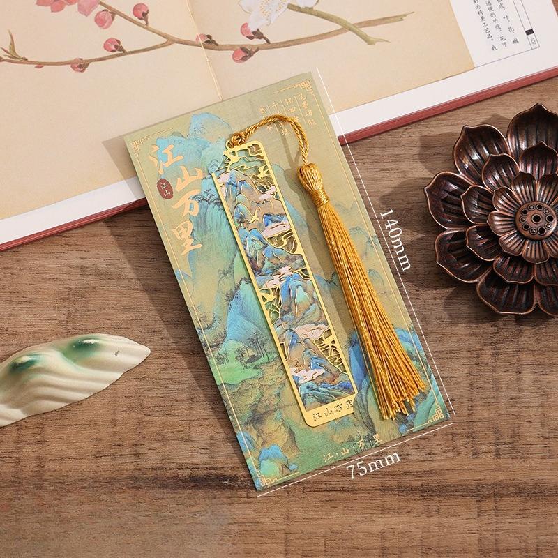 Ретро Китайский Пейзаж Латунная Закладка Ажурная Сцена Гор Бук Так с Шелковой Кисточкой Антикварный Подарок для Любителей Книг