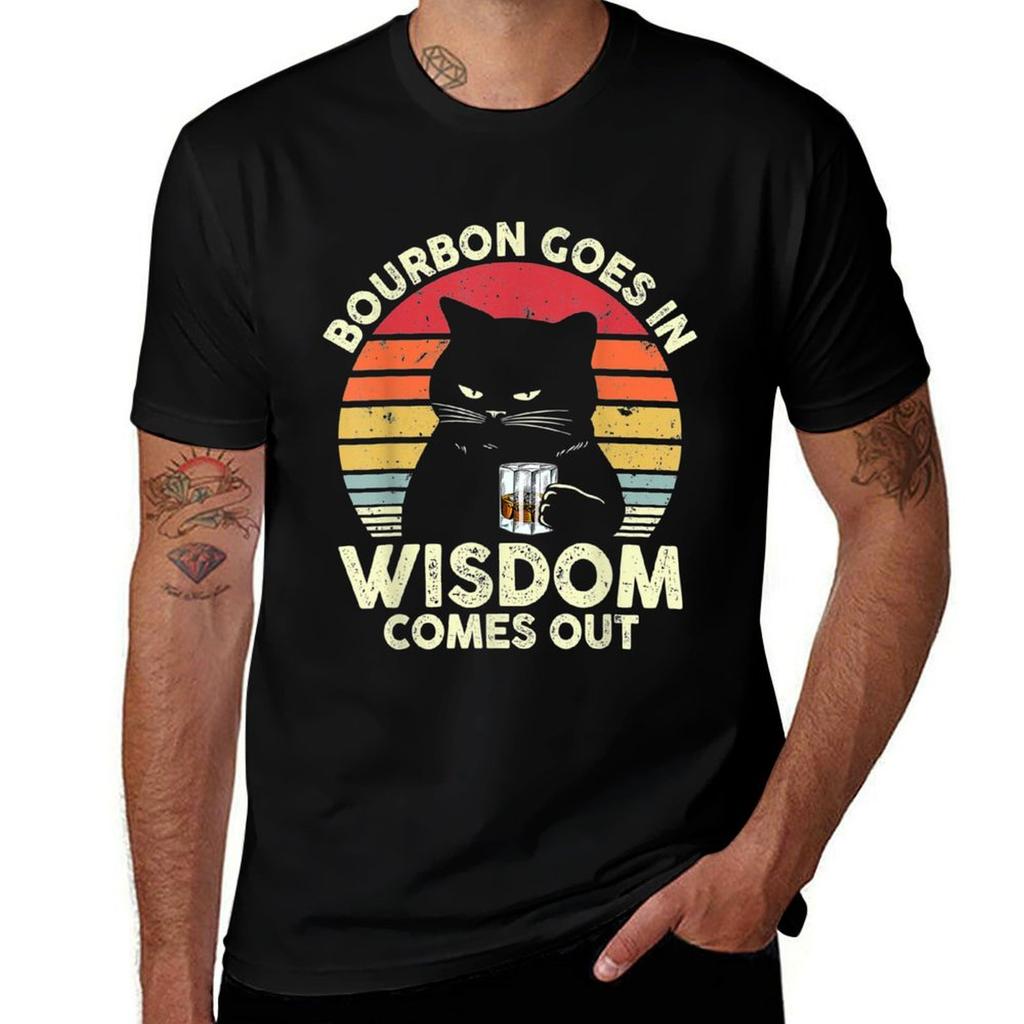 Bourbon Goes In Wisdom Comes Out Vintage Cat Whiskey Lovers Tshirt Vintage Print Crew Neck Tee Tshirt