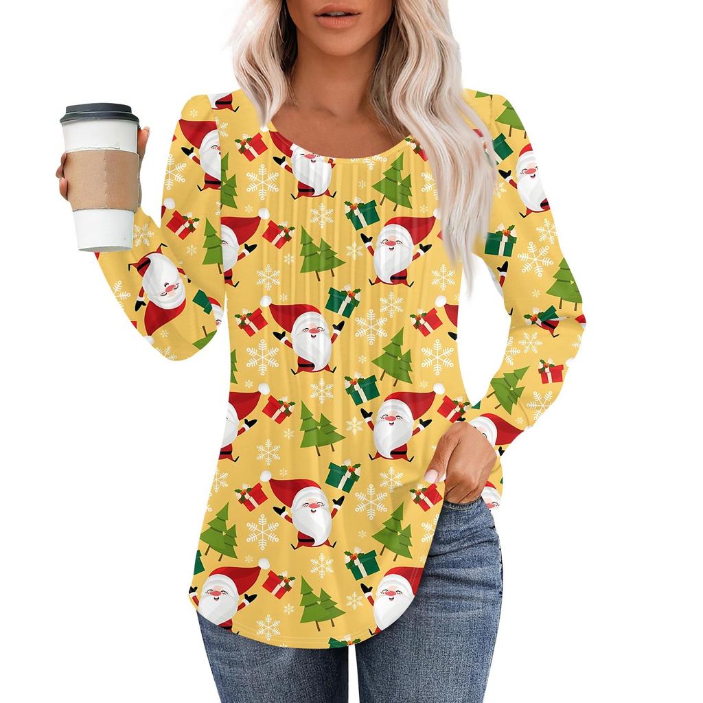 Рубашки с длинным рукавом для женщин, топы, нарядные повседневные блузки с рождественским принтом, плиссированные туники с круглым вырезом