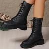 Мода Мода Однотонные Ботинки до середины икры на молнии для женщин Осень Зима Платформа Каблуки Мотоциклетные ботинки Женский темперамент Шнуровка Женская обувь