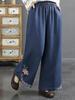 Tide Women's Spring Elastic Waist Cotton Linen Straight Leg Pants with Retro Embroidery
