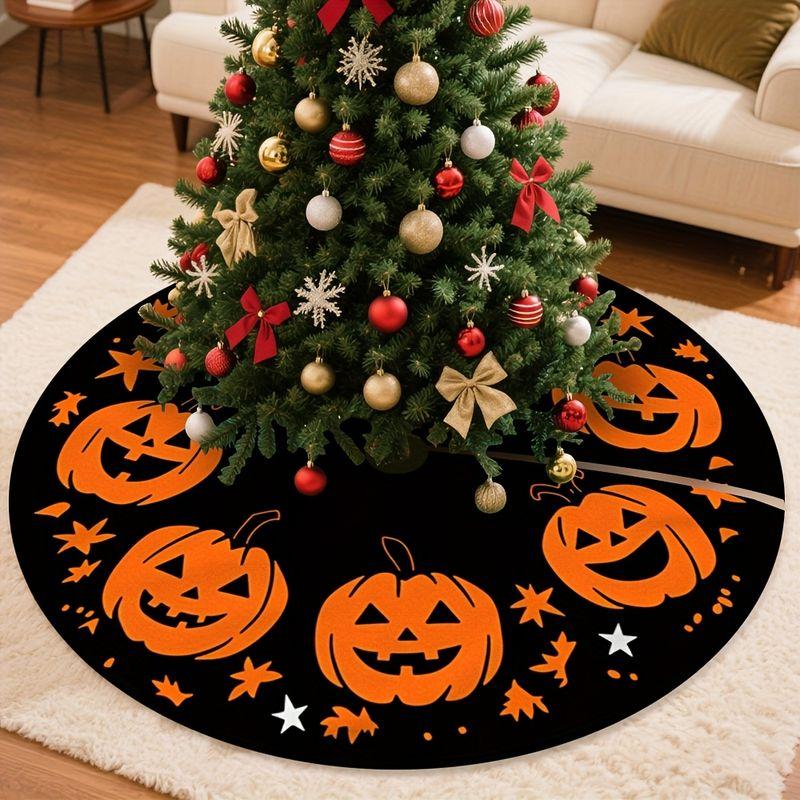 Christmas Tree Skirt Black White Bat Print Round Xmas Tree Mat Gothic Halloween Winter Holiday Home Party Decor Rug
