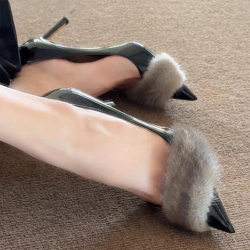 Модные Меховые Женские Туфли на Высоком Каблуке Модные Сексуальные Туфли-лодочки с Заостренным Носком Новые Летние 2025 Дизайнерские Вечерние Туфли Женские Сандалии