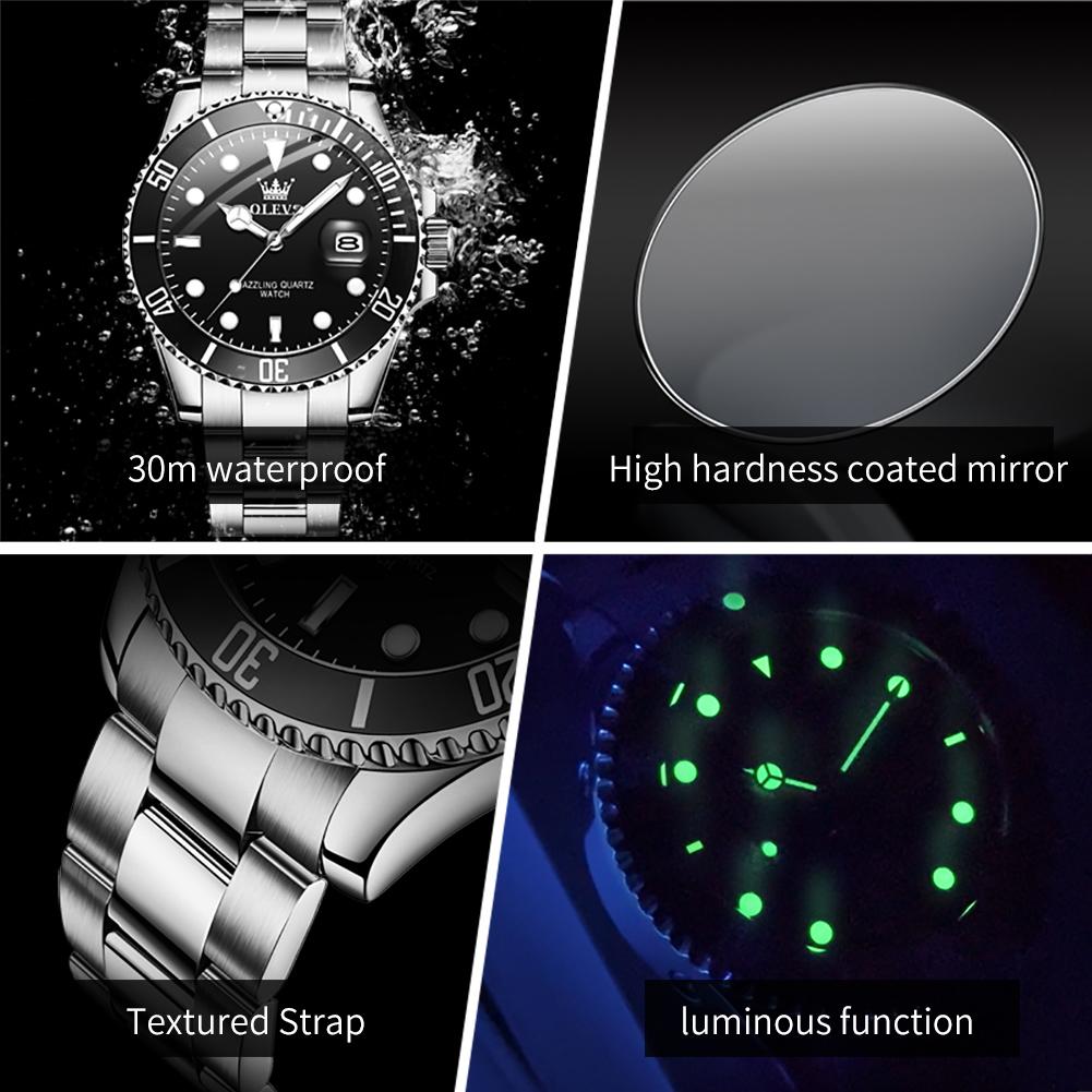 OLEVS Men's Watches Classic Fashion Fine Steel Original Quartz Wristwatch for Man Waterproof Diving Timing Bezel Luminous Date