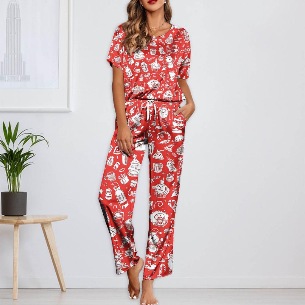 Женский шелковый атласный пижамный комплект с рождественским принтом, рубашка с коротким рукавом и длинные пижамные штаны, мягкая домашняя одежда