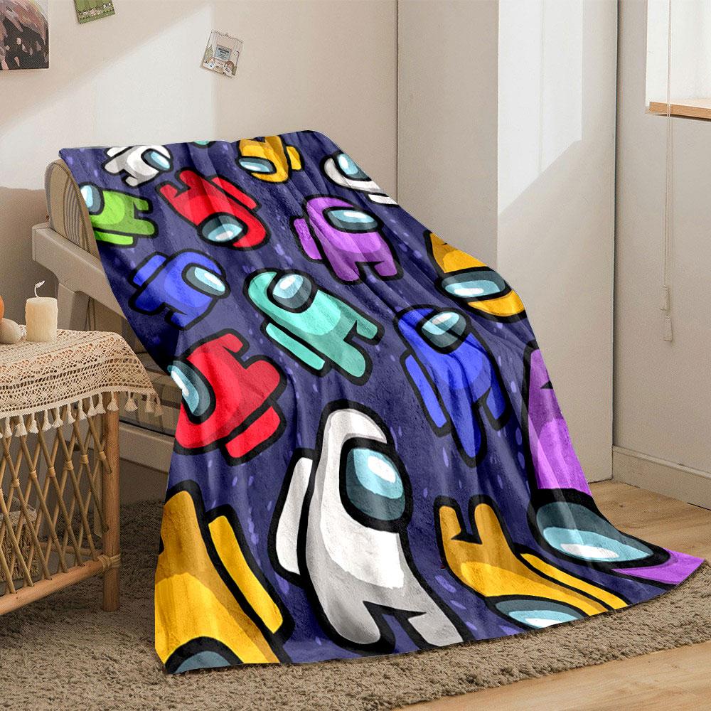 Colorful crewmates with helmets from "Among Us" on a dark spotted background. for all seasons blanket lunch break throw gift