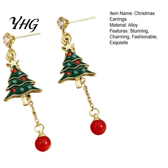 Decorative Seasonal Jewelry 1 Pair Christmas Tree Earrings for Women, Colorful Rhinestone Shaped Day Outfit Accessories with Red Bead Charm,