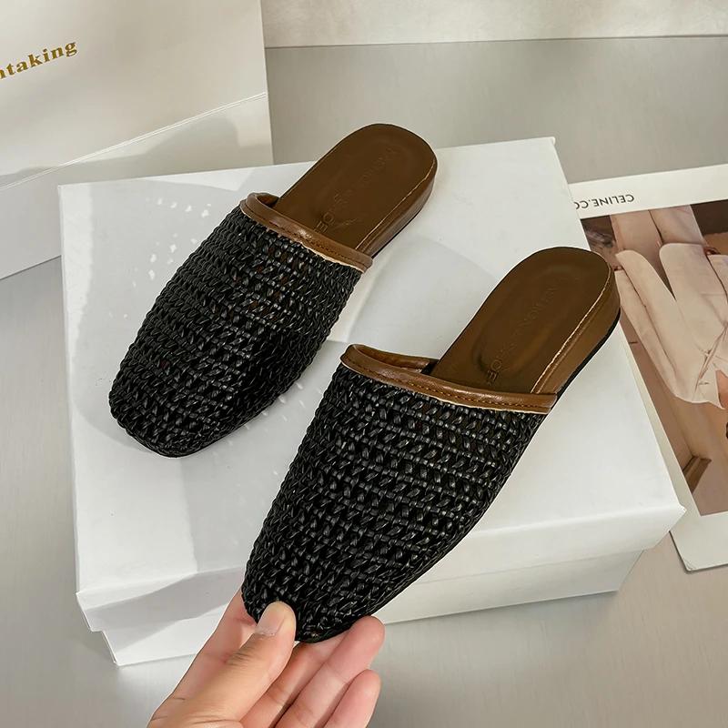 Summer New Women Slip On Mules Shoes Fashion Cane Weave Ladies Sandal Shoes Square Low Heel Outdoor Casual Slipper