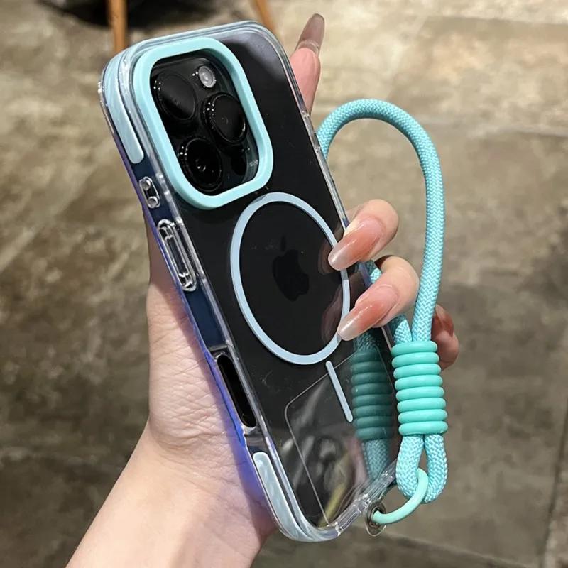 Прозрачный чехол для телефона с магнитом и ремешком на запястье для iPhone 14 15 16 Plus 11 12 13 16 Pro Max, Magsafe, прозрачный, для зарядки, противоударный