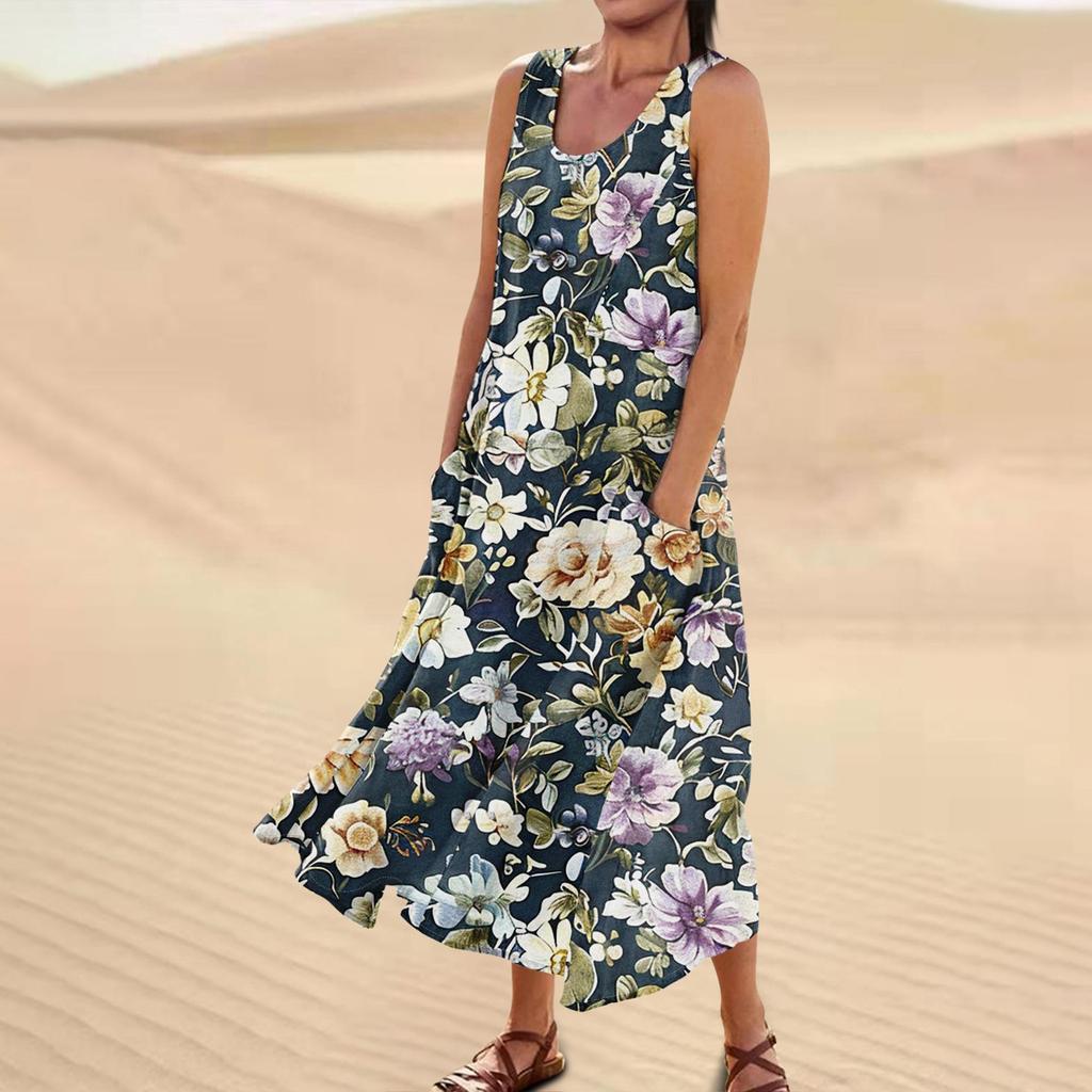 Женское повседневное удобное хлопковое карманное платье без рукавов с цветочным принтом