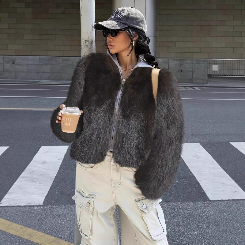Brown Faux Fur Jacket Women's Autumn Winter New Light Luxurious Top Loog Sleeves Fashion Short Jacket
