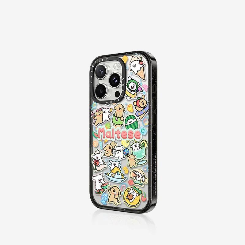 CASETIFY Maltese Line Puppy Series Summer Vibes Stickers for iPhone 16 Pro Transparent Black Frame Phone Case