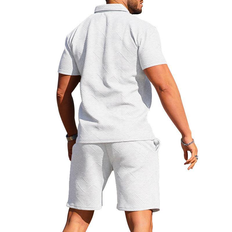 Мужской костюм с рубашкой поло, мужской повседневный костюм с коротким рукавом, футболка с лацканами, текстурированные шорты, спортивный комплект из двух предметов