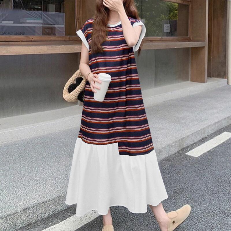 ZANZEA Женское повседневное летнее платье с круглым вырезом, коротким рукавом, в полоску, пэчворк, длинное