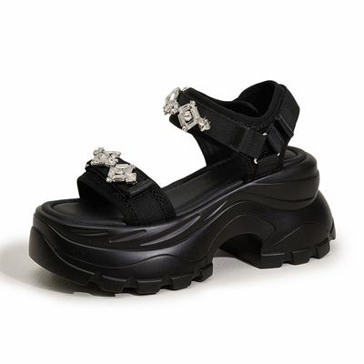 Мода 8,5 см Женские босоножки на толстом каблуке Летняя мода Уличная обувь На ремешке Слипоны С бриллиантами Универсальные туфли на платформе Повседневный стиль