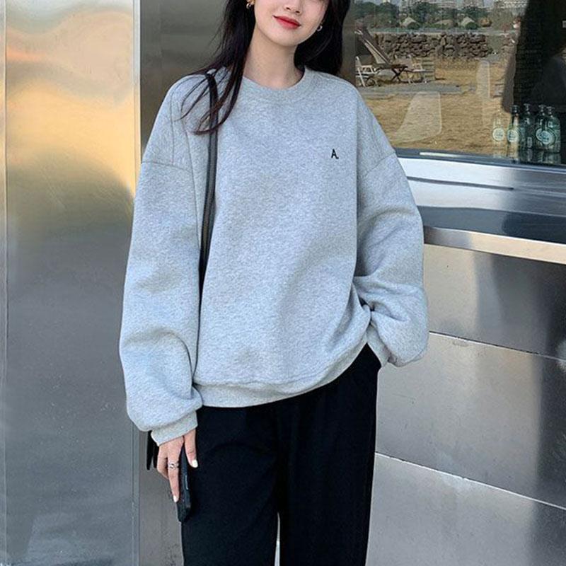 Серый свитшот женский модный Инс весна осень свободный ленивый стиль круглый вырез плюс бархат утолщенный топ