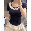 Summer Women's New Lace Garden Collar Slim-fitting Short-sleeved T-shirt Top