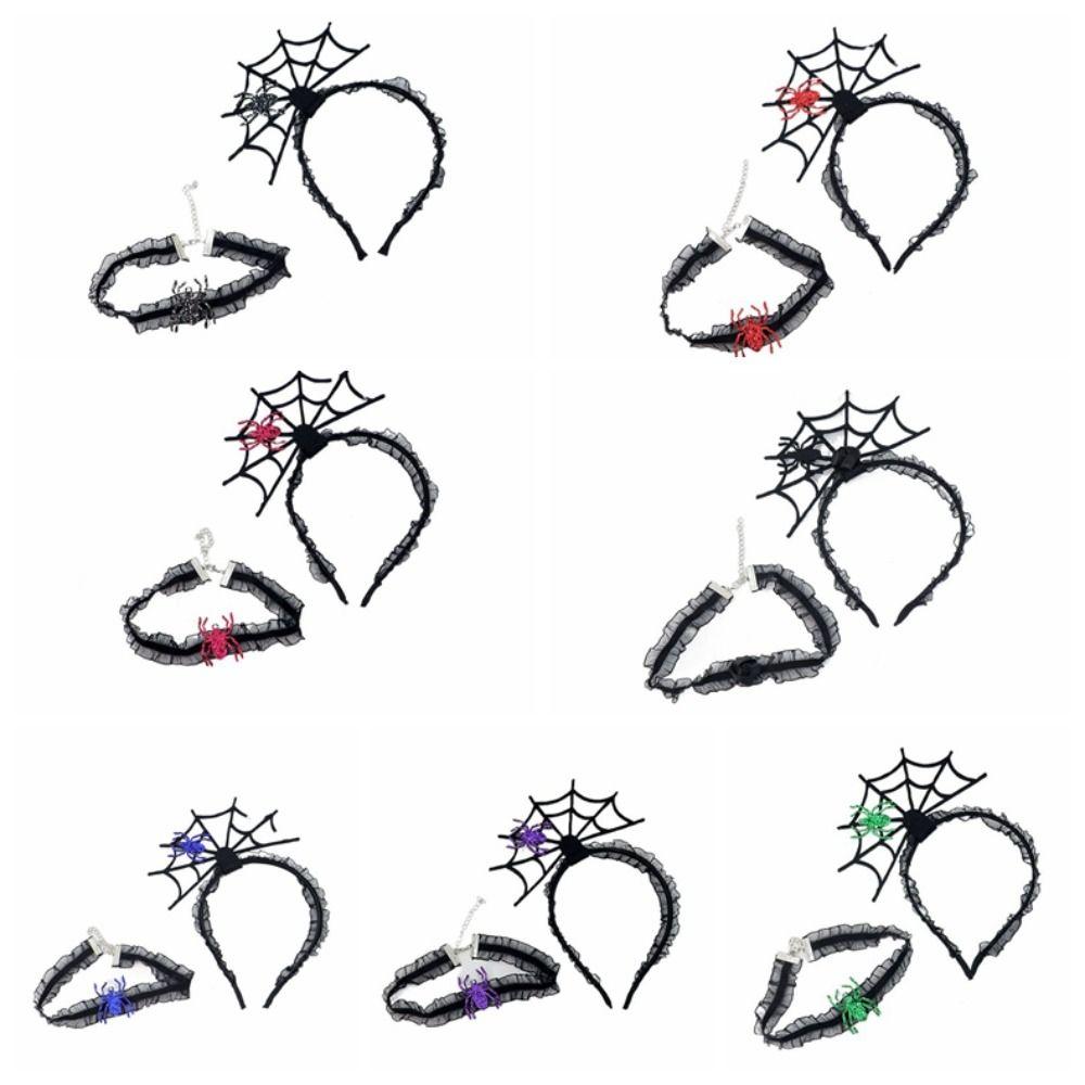 Ruffles Hairband Necklace Set Black Spider Web Hairband Funny Halloween Headband Party