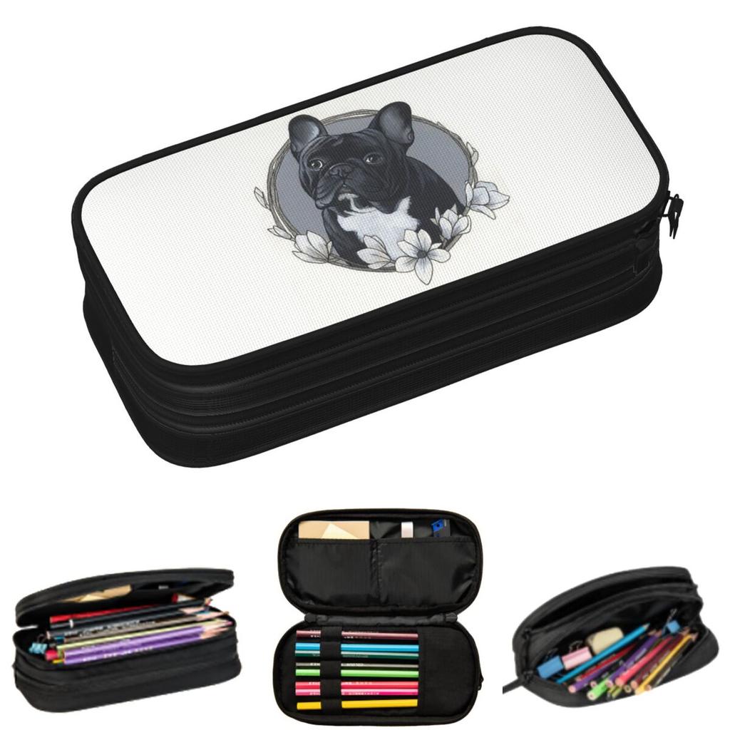 Cherry Blossom And French Bulldog Print Pencil Cases for Student School Pen Box Pencil Bag Large Storage Pencil Pouch