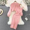 Celebrity Style Round Neck Beaded High Waist Short Open Bellybutton Sweater Two Piece Spicy Girls Knitted Tank Top Dress Women