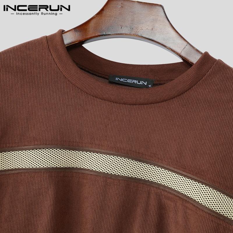 INCERUN Men Short Sleeve Hollow Patchwork Zip-up Casual Loose T-shirts