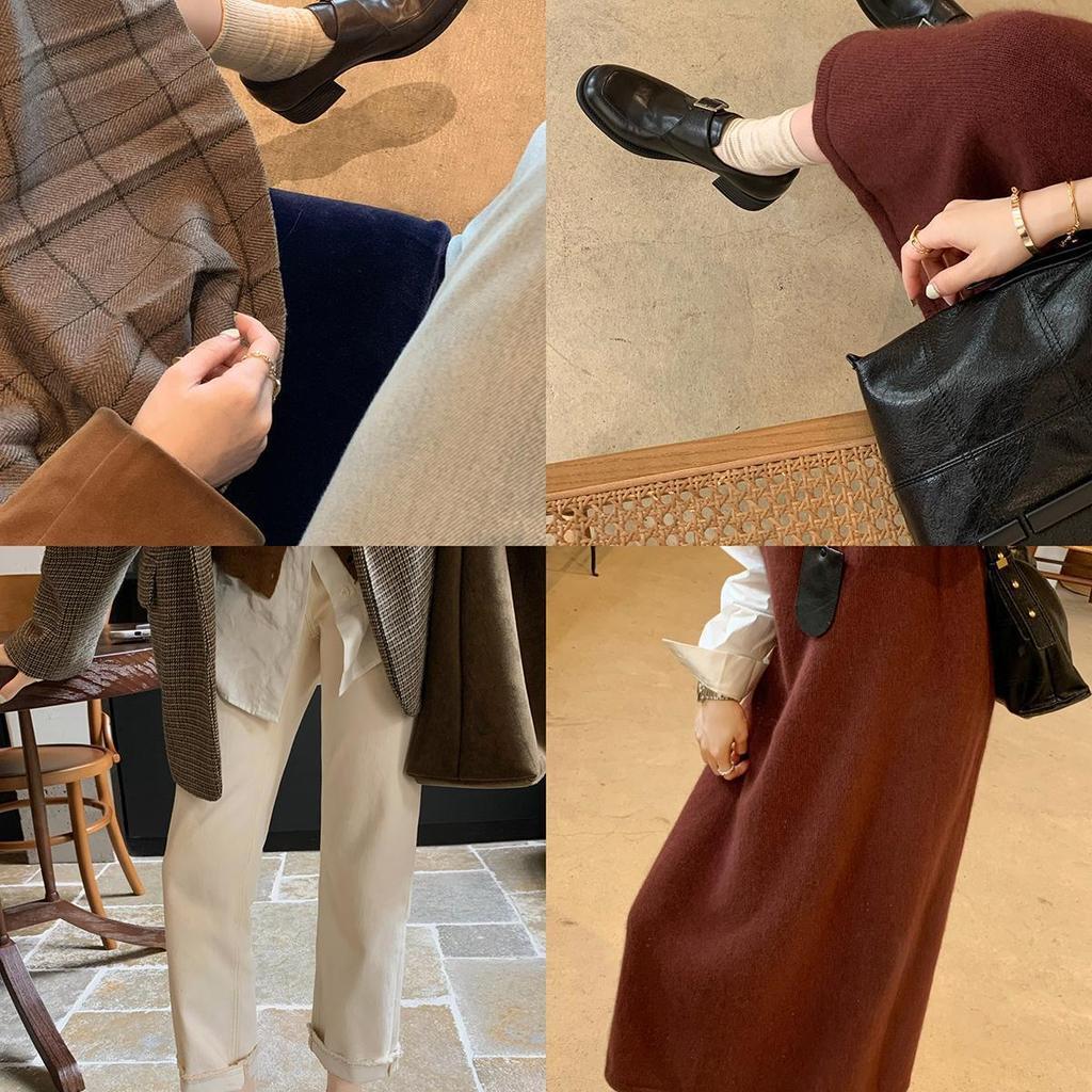 Cowhide Version Shoes Leather Square Round Head Buckle with Thick Heel Oxford Small Leather Shoes Women's Thick Sole