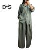 2 Pcs/Set Women Shirt Pants Set Long Sleeves Lapel Collar Pockets Single-breasted Drawstring Hem Blouse High Waist Loose Wide Leg Pants Set Casual