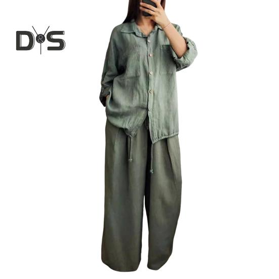 2 Pcs/Set Women Shirt Pants Set Long Sleeves Lapel Collar Pockets Single-breasted Drawstring Hem Blouse High Waist Loose Wide Leg Pants Set Casual