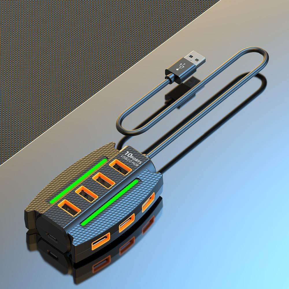 Расширитель на 10 портов USB 2.0 с RGB-подсветкой, расширитель USB-портов, аксессуары для мобильных телефонов
