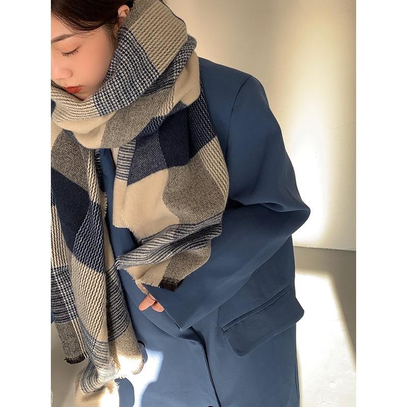 Retro White Blue Plaid Thickened Scarf Women's Autumn and Winter Warm Shawl Scarf