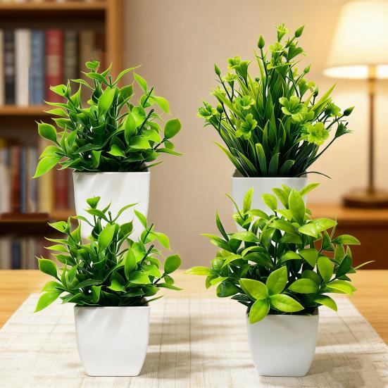 4 шт. Мини-искусственные зеленые растения в горшках, маленькие искусственные растения с горшком для дома, офиса, стола, полки, декора в стиле кантри, ванной комнаты