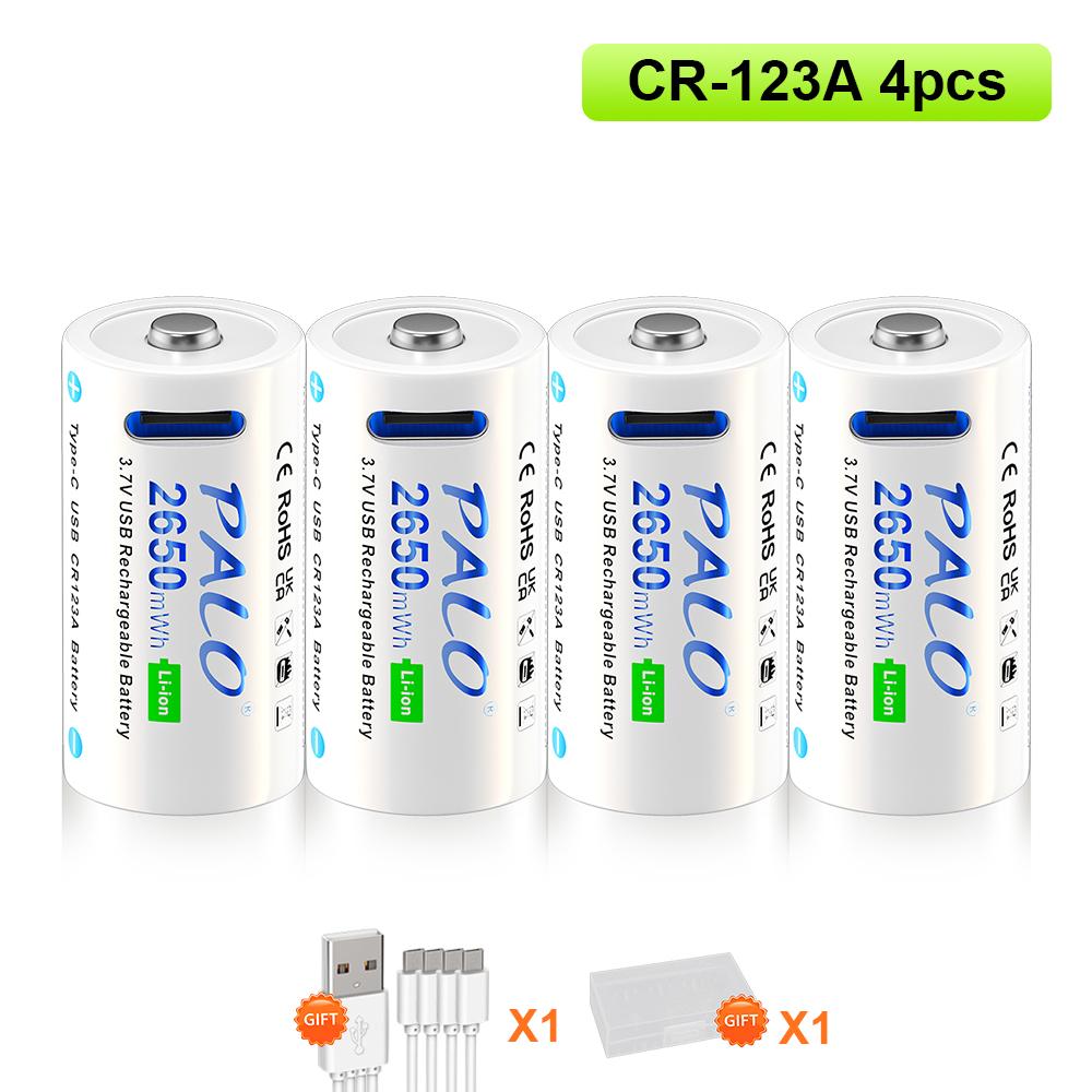 PALO Перезаряжаемая литиевая батарея 16340/16350 USB 3,7 В CR123A 2650 мАч + USB-кабель для зарядки