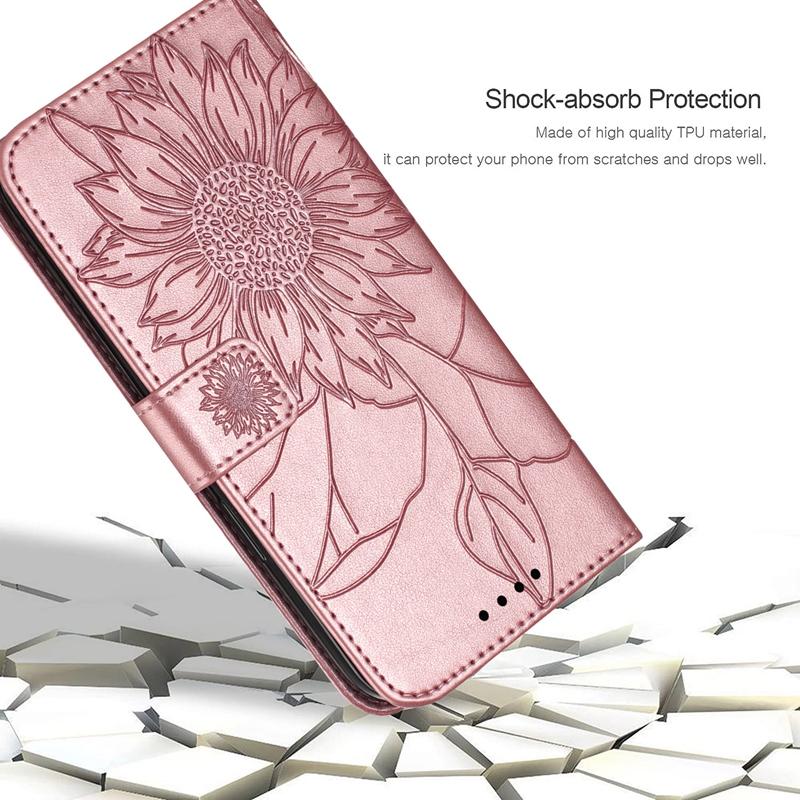 Embossed Sunflower PU Leather Card Holder Flip Cover for Samsung Xiaomi Redmi Huawei Honor Magnetic Hand-strap Wallet Case with Kickstand