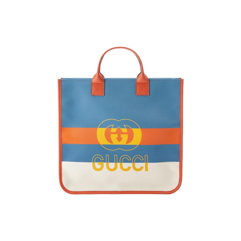 Gucci Сумка-тоут с принтом логотипа Синий Оранжевый Белый Холст Кожаная отделка Верхняя ручка Сумка для детей Ежедневная поездка 550763-FAB3Z-8476