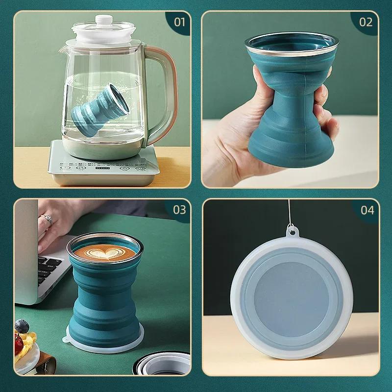 320ml Lightweight to Carry Silicone Folding Water Cup Outdoor Activity Heat Resistant Telescopic Collapsible Foldable Mug With Lid For Travel Camping