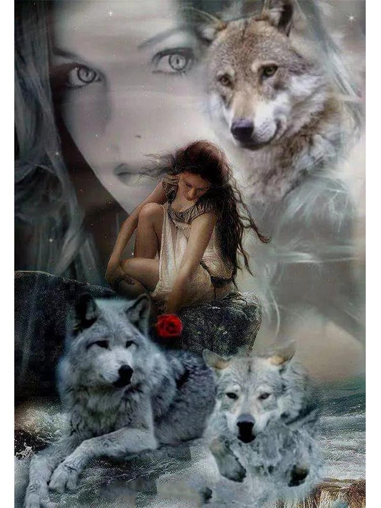 Девушка-волчица DIY 5D Алмазная картина Полная круглая алмазная квадратная вышивка крестом Мозаика Художественная живопись Украшение для дома Подарок