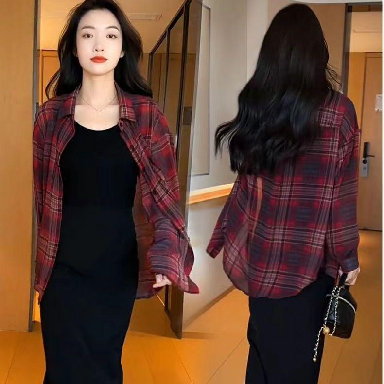 Womens Summer Checkered Shirt Breathable Long Sleeve Chiffon Blouse Lightweight Open Front Top Outerwear