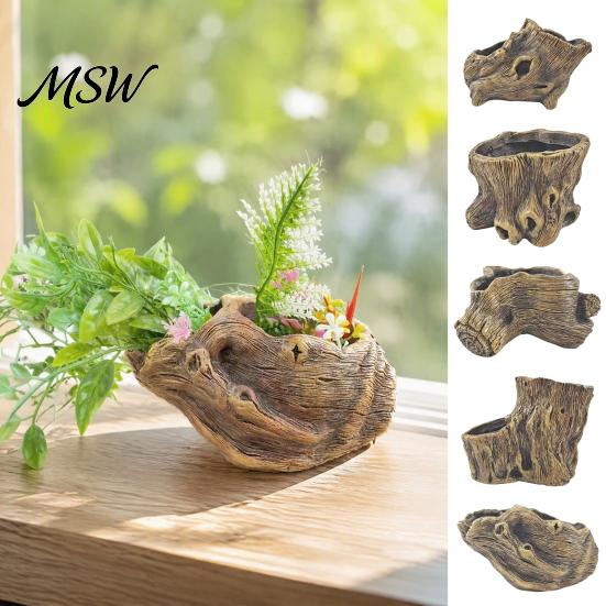Resin Flower Pots for Indoor Plants Tree Stump Flowerpot Succulents Small Plants, Imitation Wood Grain Planter Artistic Containers Herbs Home