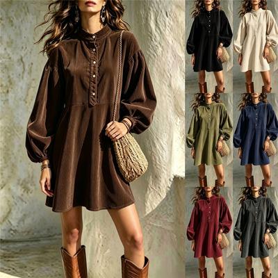 Women Corduroy Dress Stand Collar Lantern Long Sleeve Half Button Loose Mini Dress Vintage Casual Autumn Winter Ladies A‑Line Dresses