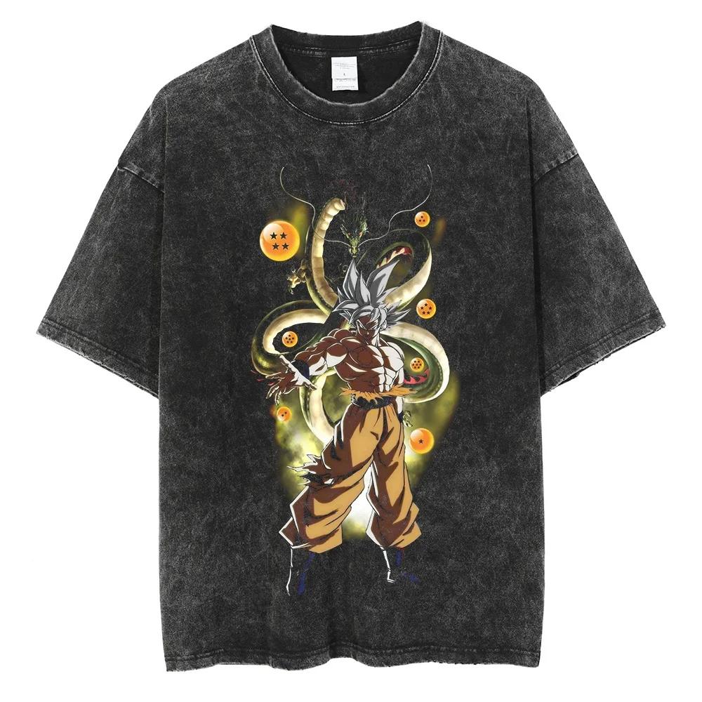 Streetwear Retro Vintage Washed Black Tshirt Dragon Ball Anime Graphic Hip Hop Loose T Shirt Cotton Men Harajuku TShirt Tops