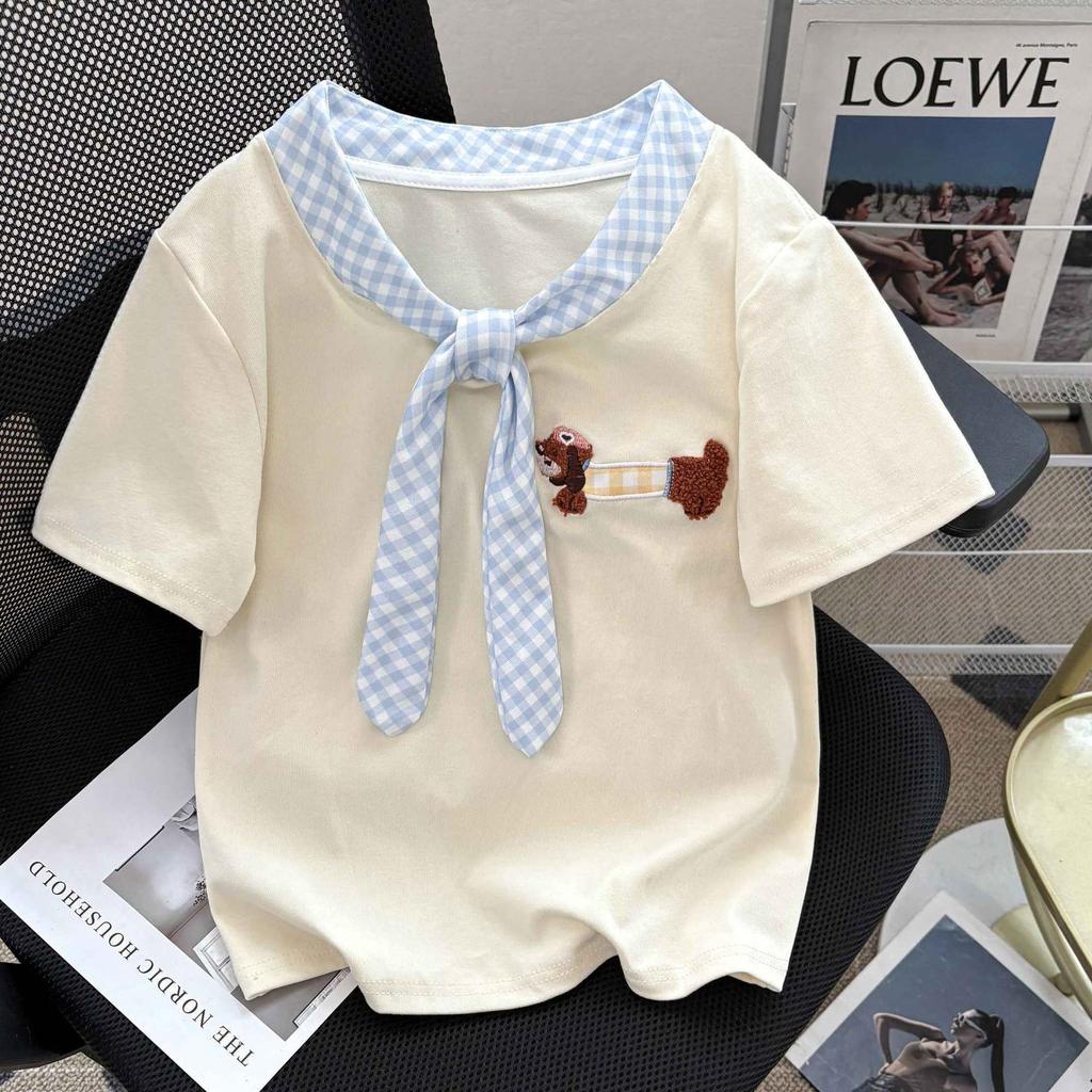 Cream Short Sleeve T-Shirt with Blue Gingham Bow Collar Cute 3D Dachshund Embroidery Summer Casual Top
