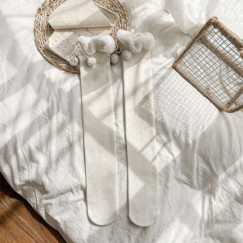 Winter Lamb's Wool Warm Knee-length Socks Padded White Fur Ball Stockings Women's Bottoming Socks JK Knee Socks