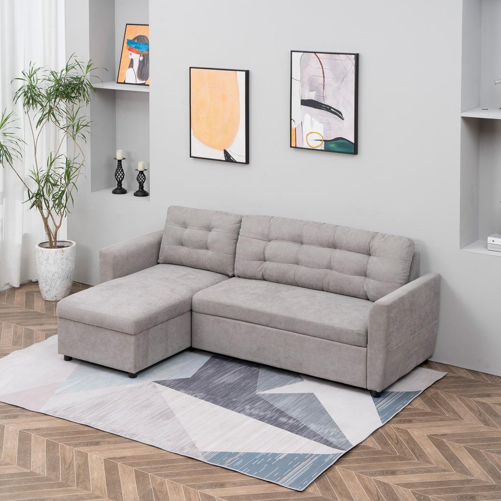 3-Seater Sofa Bed with Storage Chaise Longue in Fabric, 217x134x85cm, Grey